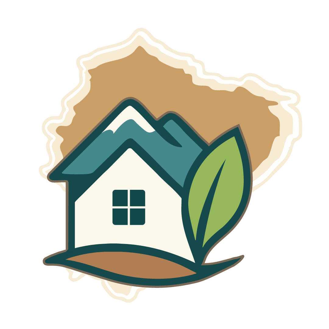 Logo Ecuatierra: casa con montañas y hoja sobre el mapa de Ecuador